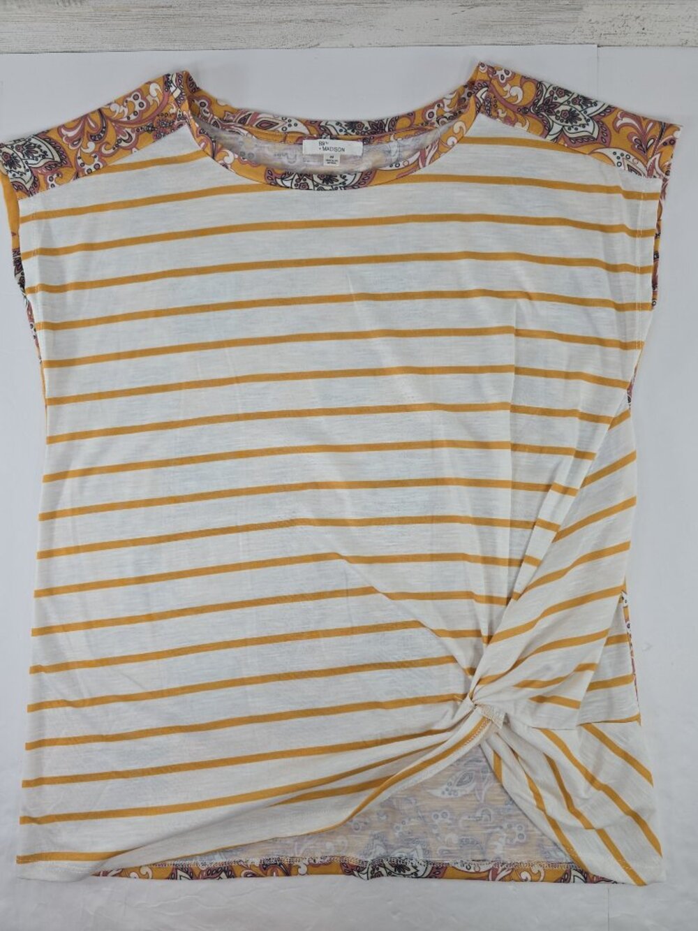 89th + Madison Women's M Striped Twist Knot Top Yellow Paisley Print Short Sleev